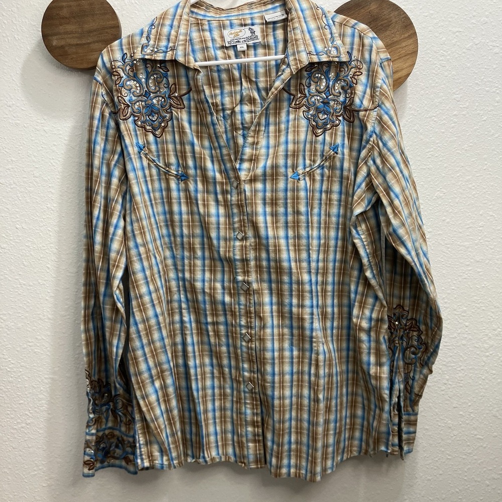 Y2K Panhandle Slim Retro‎ Western Wear Plaid Embroidered Shirt XXL Rodeo Glam